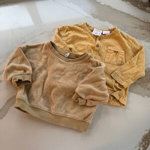 Yellow Quincy Mae sweatshirt and yellow Zara shirt